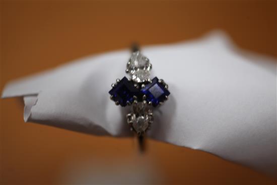 A 1940s white gold, diamond and sapphire ring, size L.